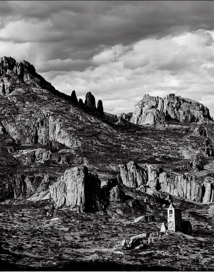 Prompt: a building in a stunning landscape by Ansel Adams