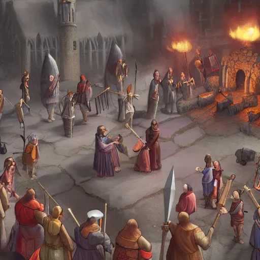 Prompt: a crowd of medieval people with Pitchforks and torches standing on clouds, higly detailed, ambient lighting, mystic, rpg artwork