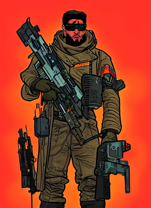 Prompt: cyberpunk soviet mercenary with scenic polar background. portrait illustration, pop art, art by ashley wood, alphonse mucha, laurie greasley and josan gonzalez. cinematic. dynamic lighting. realistic proportions. creative design. cell shading