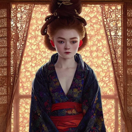 Prompt: a photorealistic dramatic fantasy render of a beautiful woman sadie sink wearing a beautiful intricately detailed japanese monkey kitsune mask and clasical japanese kimono by wlop, artgerm, greg rutkowski, alphonse mucha, epic, beautiful dynamic dramatic dark moody lighting, shadows, cinematic atmosphere, artstation, concept design art, octane render, 8 k