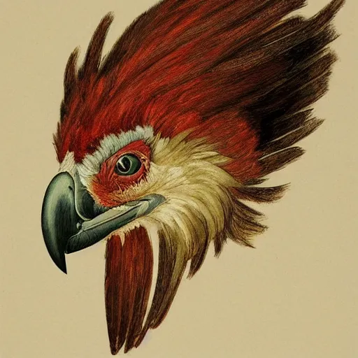 Image similar to a side portrait of a red bearded vulture, award winning, in the style of roberto ferri, Arnold bocklin, and austin osman spare, a fantasy gryphon, highly detailed