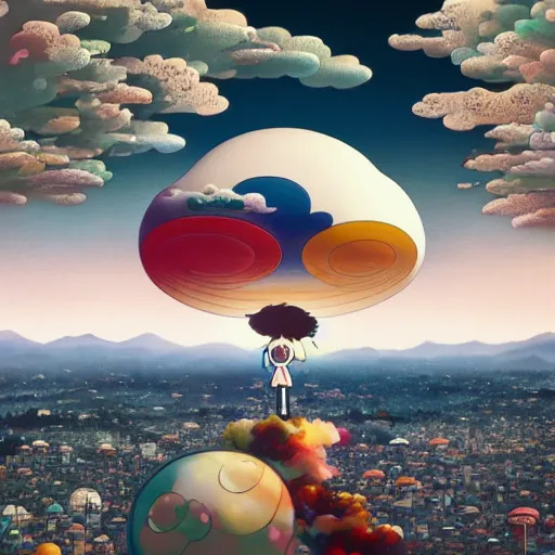 Image similar to a man walking on clouds above kyoto by takashi murakami, beeple and james jean, aya takano color style, 4 k, super detailed