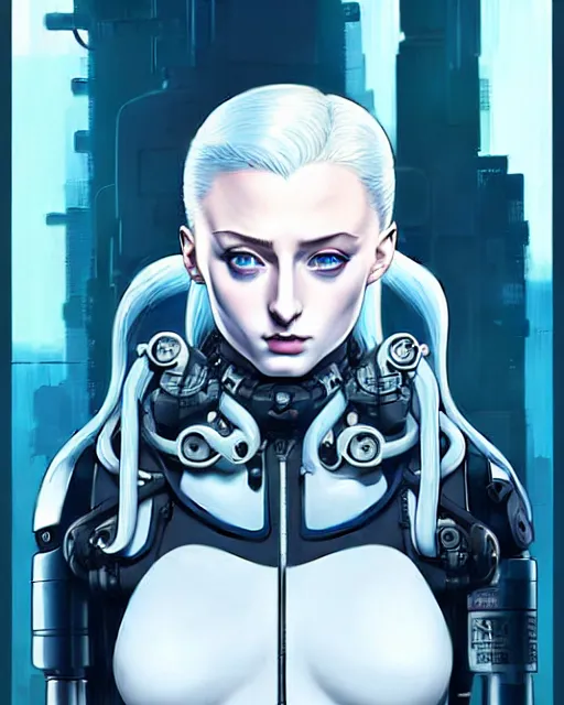 Image similar to white haired cyborg sophie turner wears octopus!!! shaped gas mask, fine detail!! anime!! realistic shaded lighting!! poster by ilya kuvshinov katsuhiro otomo ghost in the shell, rutkowski giger villeneuve artgerm garmash and rob rey