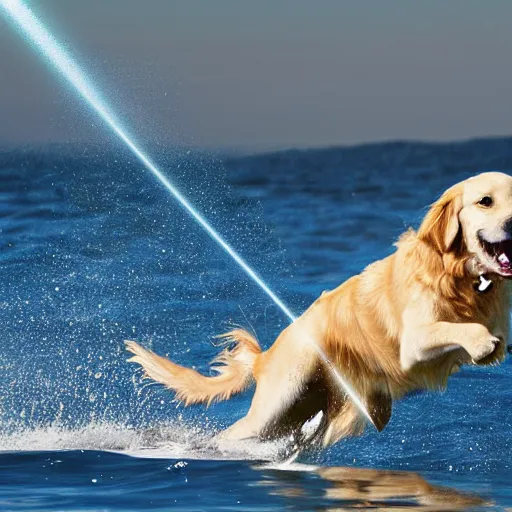 Image similar to golden retriever riding on a shark shooting lasers out of its eyes