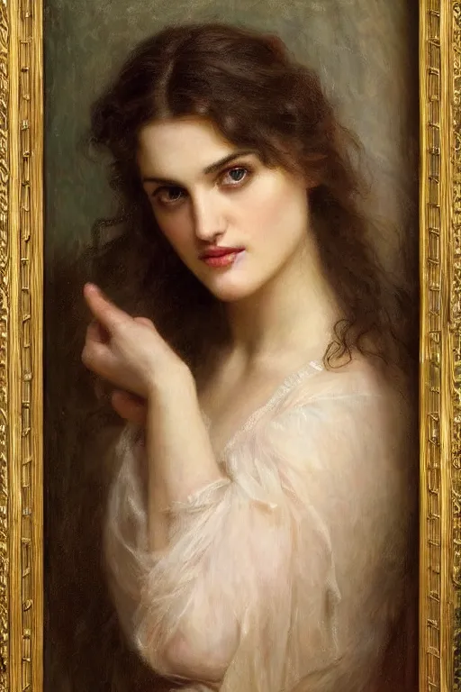 Prompt: portrait en buste of katie mcgrath by mark arian, by hughes merle, by pierre auguste cot, perfectly detailed eyes, oil on canvas, abundant detail, realism, bold mood