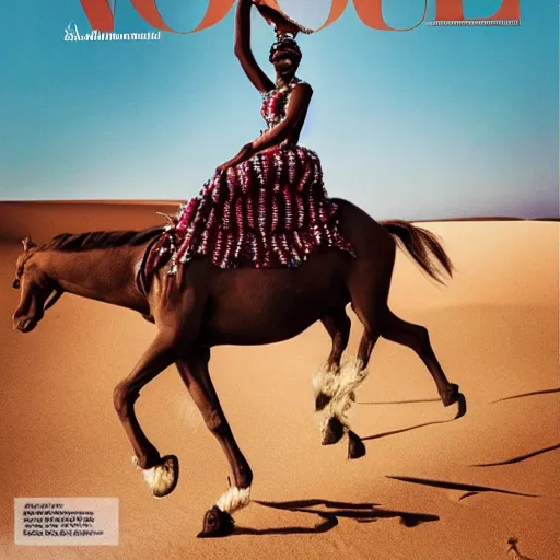 Image similar to afro woman riding a diamond horse in the desert, vogue magazine, detailed photographed