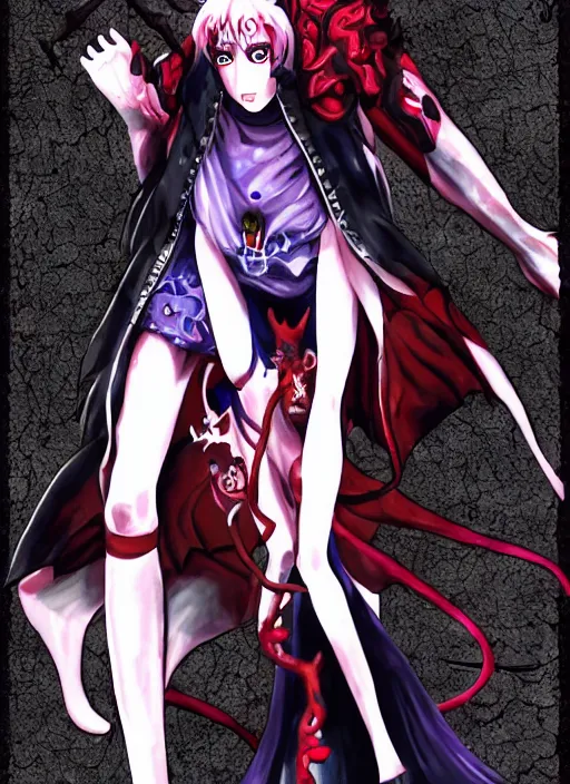 Image similar to shin megami tensei art of a demon called margaret!!! thatcher!!!, art by kazuma kaneko, demonic! compedium!, digital drawing, law demon, white background, high quality, highly detailed