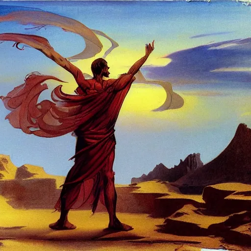 Image similar to Silk sheet intercession desert the tempest male Bedouin under crimson azure diamond sky, in the style of Frank Frazetta, Jeff Easley, Caravaggio, extremely clear faces coherent, clear lines, 8K revolution