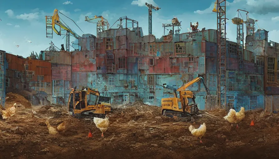 Image similar to a bulldozer accidently knocking over a chicken coop in the style of goodnight goodnight construction site, matte painting, art station, blue sky, simon stalenhag