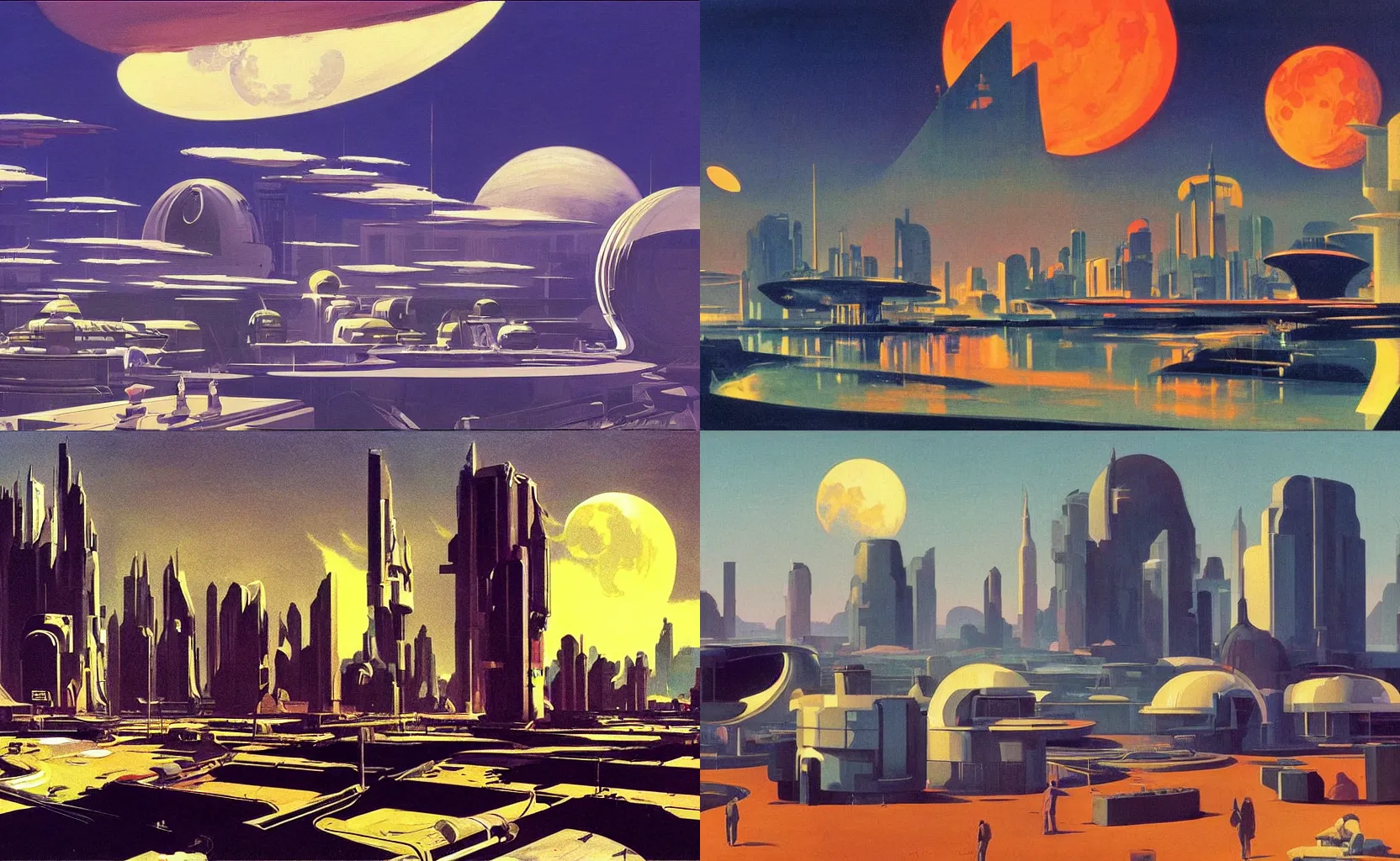 Prompt: the skyline of a bustling lunar colony, sci - fi painting by syd mead and edward hopper