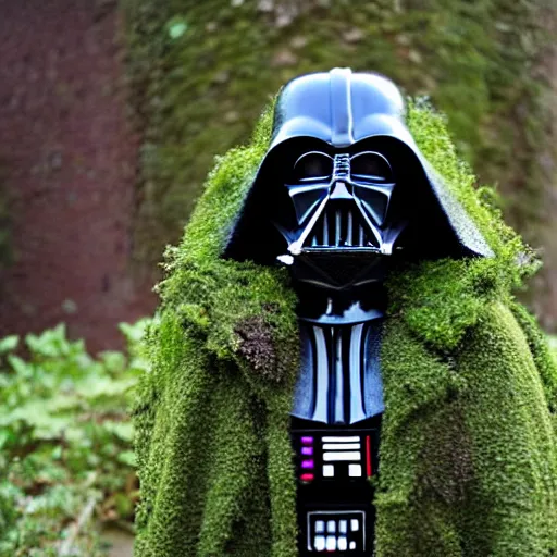 Image similar to Darth Vader covered in ivy and moss, in an overgrown garden