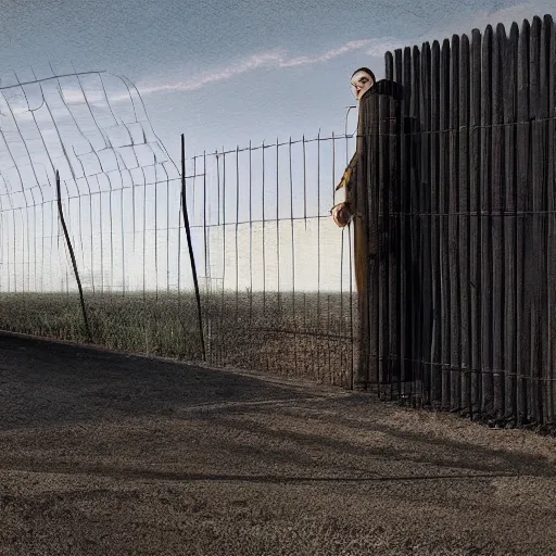 Image similar to a matte painting of a a man standing in front of a wire fence by emiliano ponzi