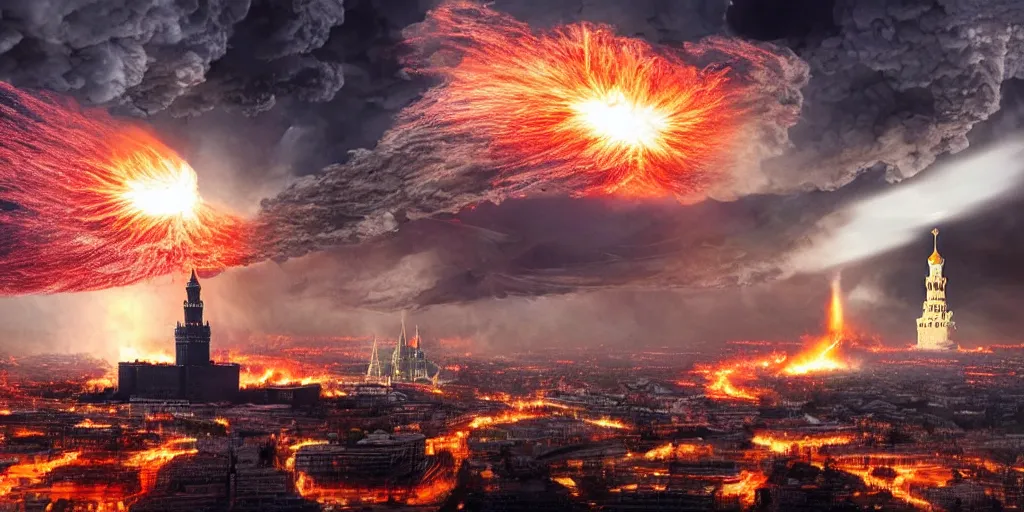 Prompt: a photo of a massive nuclear strike on Moscow Kremlin, nuclear mushroom, lots of fire, panic, dark, clouds, 8k, high detail, advanced rendering whimsically designed art, 4k post-processing highly detailed, Soft illumination
