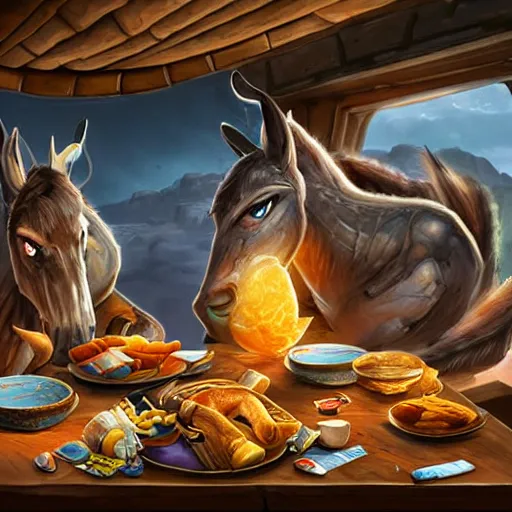 Image similar to zoom out, ultrarealistic, ultradetailed, war donkey eating breakfast, sitting on a futuristic table with aliens, at the end of the universe, very very very ultradetailed, epic fantasy style art, fantasy epic digital art, epic fantasy art, hearthstone style art