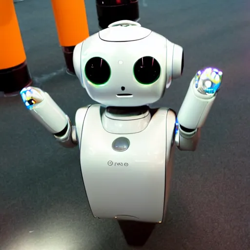 Prompt: LOS ANGELES, CA July 7 2025: Happy Open-Source Self-Aware Robot Convention, Cute Robot Wants A Hug From Attendant