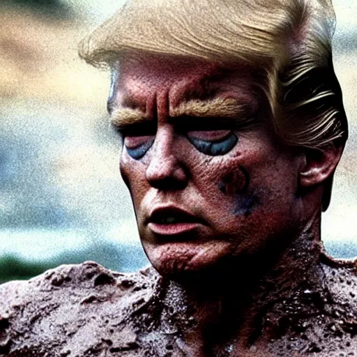 Image similar to the terminator disguised as donald trump, rising out of muddy vietnam river, face covered in mud, low camera angle at water level, night time, film still from apocalypse now ( 1 9 7 9 ), 2 6 mm,