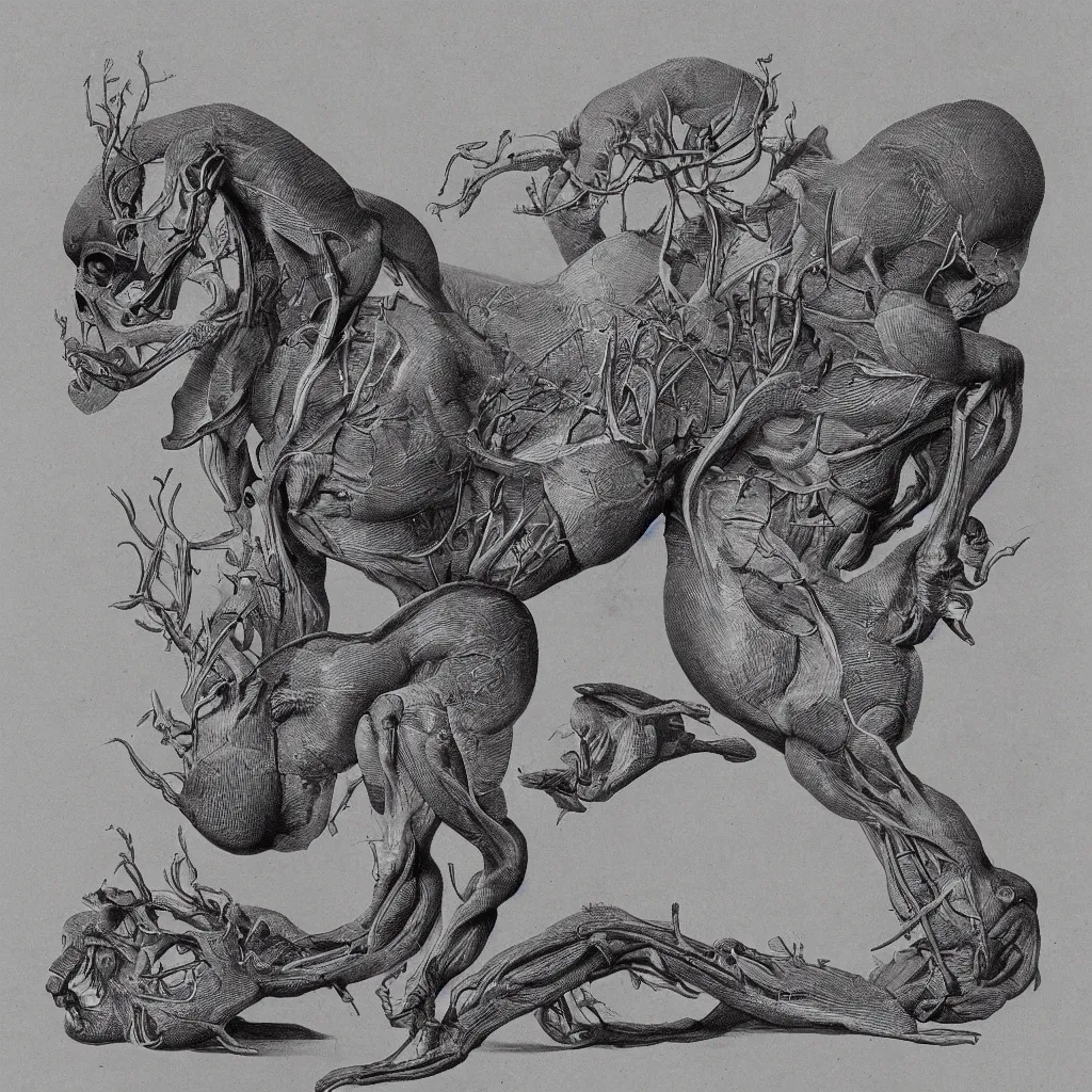 Image similar to anatomical engraving of an unknown specie, anatomical study of animal hybrids from another universe