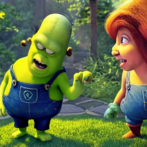 Prompt: “photograph of shrek holding hands with a minion. 8k resolution. Hyperrealistic. Romantic.”