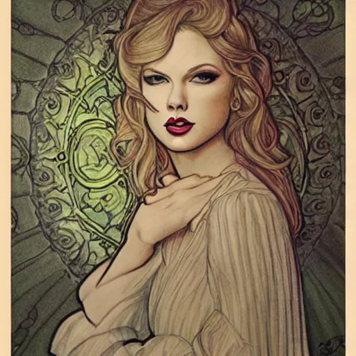 Image similar to romantic pencil drawing of taylor swift by james jean!!, mucha