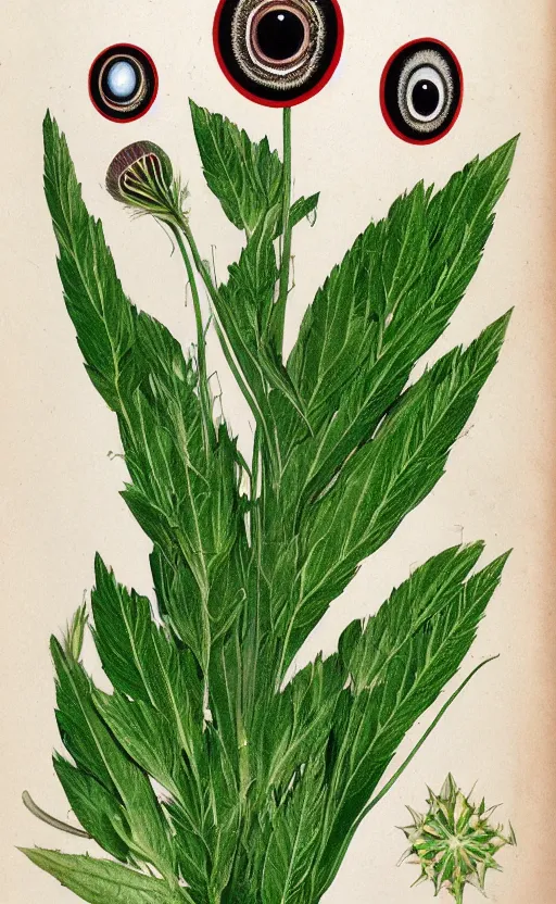 Prompt: botanical illustration of a schafugnan, a green plant with eyeballs instead of flowers