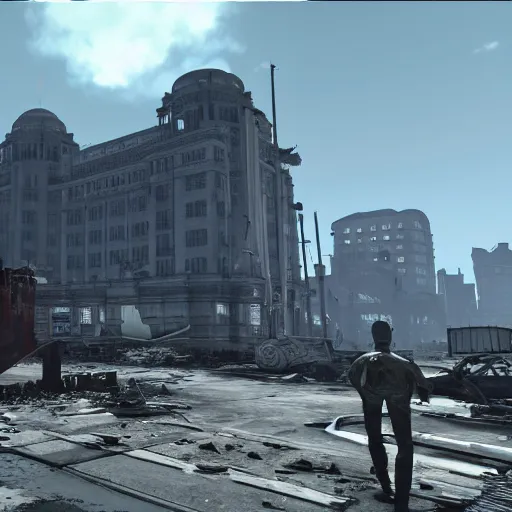 Image similar to royal liver building, liverpool in ruins post - nuclear war in fallout 4, in game screenshot