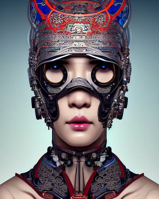 Image similar to portrait of a cyberpunk machine, machine face, upper half portrait, decorated with chinese opera motifs, asian, fine china, traditional chinese art, intricate, elegant, highly detailed, symmetry, headpiece, digital painting, artstation, concept art, smooth, sharp focus, illustration, art by artgerm and greg rutkowski and alphonse mucha, 8 k