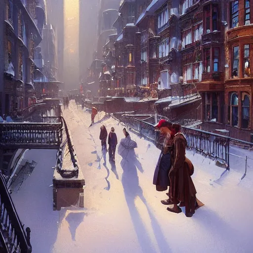 Prompt: sargent and leyendecker and greg hildebrandt, portrait of a ghost in the snow in the city during the holidays, stephen bliss, unreal engine, fantasy art by greg rutkowski, loish, rhads, ferdinand knab, makoto shinkai, ilya kuvshinov, rossdraws, global illumination, radiant light, detailed and intricate environment