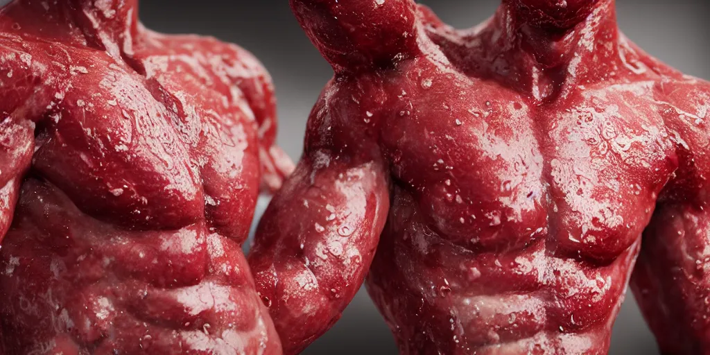 Prompt: a man made of meat, wet glistening, photorealistic, octane render, unreal engine, 6 k