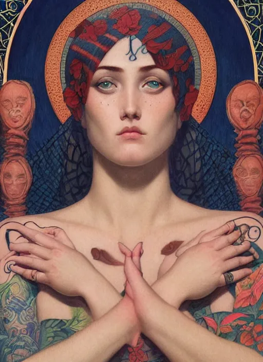 Image similar to beautiful enlightened cult magic psychic woman with tattoos, tattooed skin, oil painting, robe, symmetrical face, greek dark ritual myth, by john william godward and anna dittman, masterpiece