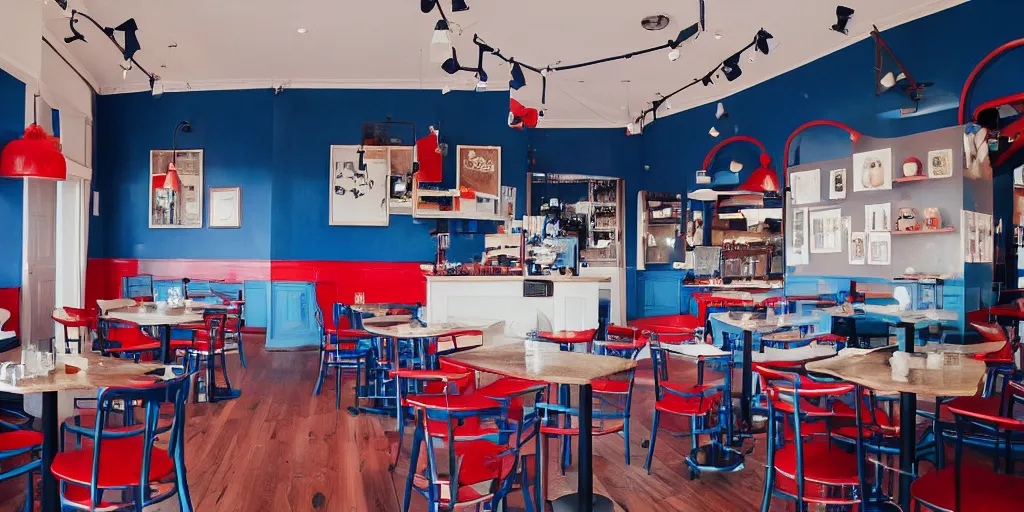 Image similar to cafe interior, blue and red tones