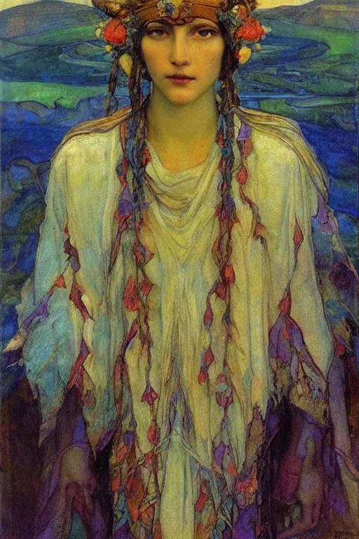 Prompt: queen of summer by Annie Swynnerton and Nicholas Roerich, strong dramatic cinematic lighting , ornate headdress , flowing robes, lost civilizations, smooth, sharp focus, extremely detailed