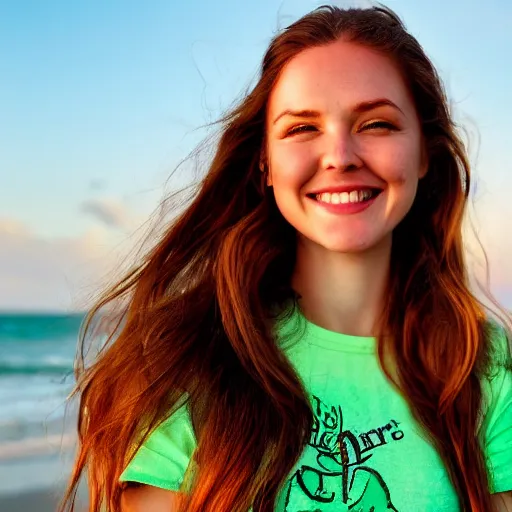 Image similar to A cute young woman, long shiny bronze brown hair, green eyes, cute freckles, smug smile, golden hour, beach setting medium shot, mid-shot,