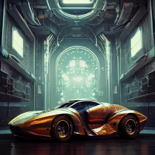 Image similar to cyborg cyber vintage supercar slick warm tones : by michal karcz, daniel merriam, victo ngai and guillermo del toro : ornate, dynamic, particulate, intricate, elegant, highly detailed, centered, artstation, smooth, sharp focus, octane render