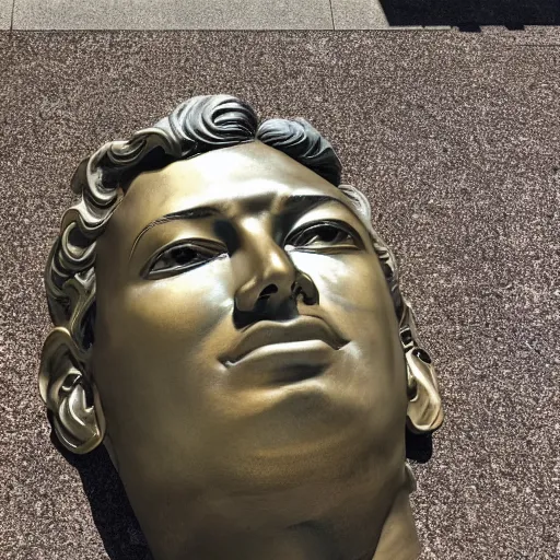 Image similar to giant statue of libertys head lying sideways on the ground
