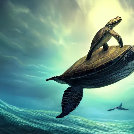 Image similar to a photograph of a turtle riding on a whale, 8 k resolution, trending on artstation, mystical, fantasy,