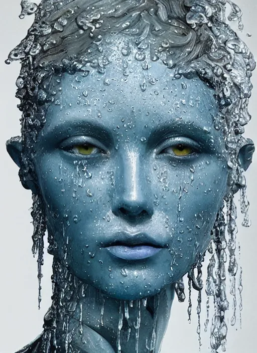 Prompt: sculpture made of water, portrait, future, shaman, harper's bazaar, vogue, magazine, insanely detailed and intricate, concept art, blue, wet, ornate, luxury, elite, elegant, trending on artstation, by ruan jia, by Kenneth Willardt, by ross tran, by WLOP, by Andrei Riabovitchev,