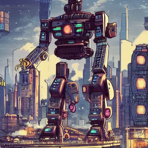 Image similar to a giant robot corpse that was repurposed into a booming city, set in the distant future, steampunk, cyberpunk, warm lights, anime, vhs distortion