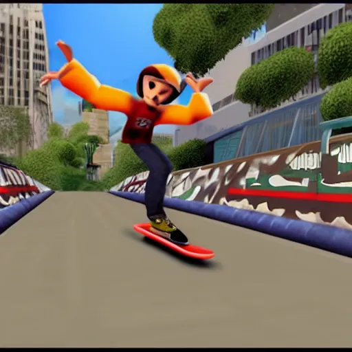 Prompt: tony hawk's pro balloon animal skateboarding for playstation 2, screenshot video game