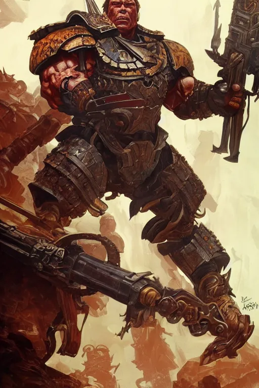 Image similar to arnold schwarzenegger as a warhammer ork boss, highly detailed, digital painting, artstation, concept art, sharp focus, illustration, art by artgerm and greg rutkowski and alphonse mucha