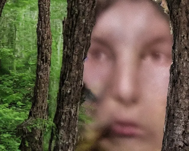 Prompt: for a few frames, you can see the face of her dead sister hidden in the trees