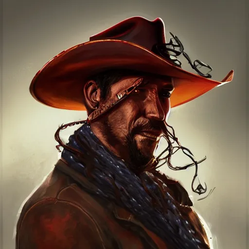 Prompt: a portrait of carnage with a cowboy hat on with an American flag scarf, D&D, sci-fi, elegant, hopeful, muscular, highly detailed, digital painting, artstation, concept art, smooth, sharp focus, illustration