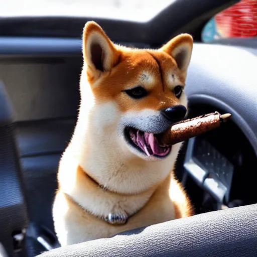 Prompt: shiba inu with a cigar in mouth inside a toyota supra