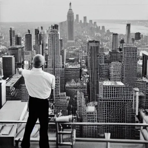 Prompt: walter white from back sitting on chair standing on top of the empire state building strong stance photo by annie leibovitz 8 0 mm lens bokeh