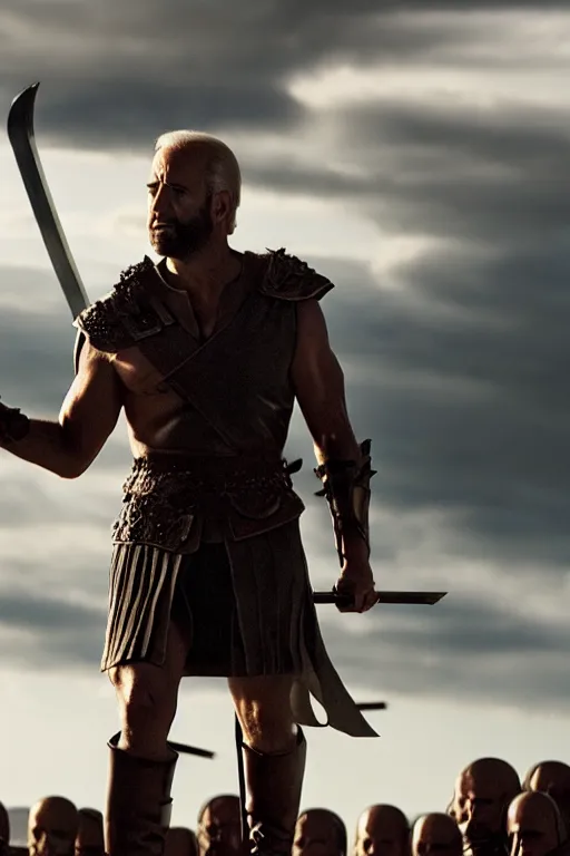 Prompt: cinematic action shot of joe biden as leonidas sword fighting in 3 0 0 movie, 8 k, epic moody sky, dramatic lighting