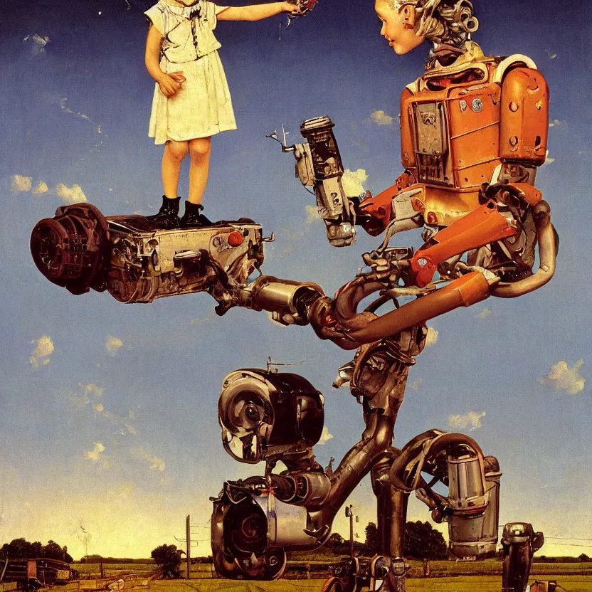 Image similar to portrait painting of a farmboy robot made of shiny reflective chrome in front of rolling cornfields and beautiful clouds at dusk, painted by norman rockwell. pulp sci - fi art for omni magazine. high contrast. dark background. baroque period, oil on canvas. renaissance masterpiece. trending on artstation. retrofuturism.