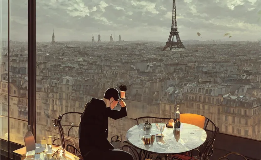 Image similar to elegant man drinking coffee at balcony in france, city with eiffel tower seen behind, late night sunset, city living, detailed characters, by greg rutkowski, alphonse mucha, beeple, sharp focus, digital art, smooth, light refraction, pixiv art, volumetric lighting, makoto shinkai