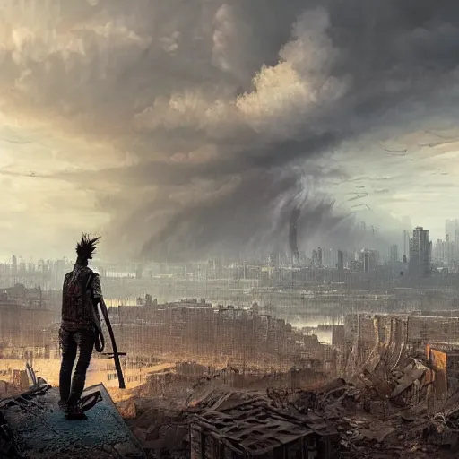 Image similar to a man wearing junk armor and scrapped jeans and holding an shotgun standing behind an apocalyptic city, Matte painting , detailed painting, greg rutkowski