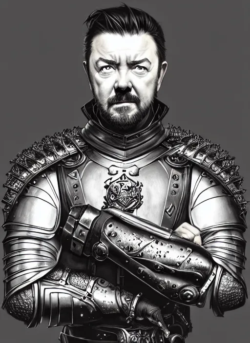 Prompt: portrait of ricky gervais, d & d, muscular!! armour, intricate, elegant, highly detailed, digital painting, artstation, concept art, smooth, sharp focus, illustration, art by artgerm and greg rutkowski and alphonse mucha