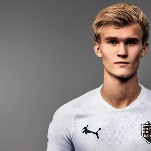 Image similar to a realistic detailed photo of a guy who is an attractive humanoid who is half robot and half humanoid, who is a male android, soccer player martin ødegaard, shiny skin, posing like a statue, blank stare, in a living room, on display, showing off his muscles