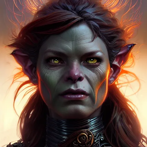 Image similar to An epic fantasy comic book style portrait of a female goblin, stormy setting, movie lightning, intricate, elegant, highly detailed, digital painting, artstation, concept art, matte, sharp focus, illustration, art by Artgerm and Greg Rutkowski and Alphonse Mucha